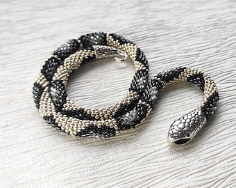 Silver snake necklace, Snake choker necklace, Snake bracelet, Snake beaded necklace, Snake jewelry, Ouroboros necklace, Long beaded necklace