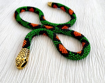 Green snake necklace, Ouroboros jewelry, Bead crochet necklace, Snake jewelry, Snake choker, Witch jewelry, Green Statement necklace