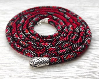 Red snake necklace, Snake jewelry, Snake choker, Beaded snake necklace, Ouroboros necklace, Witch necklace, Seed bead serpent collar