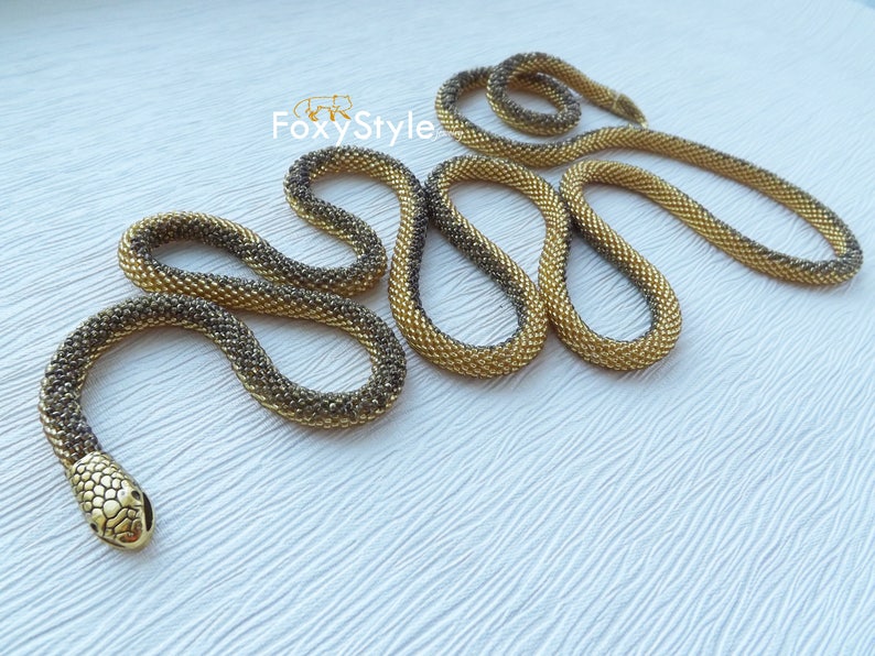 gold snake necklace, layering bead necklace, long gold necklace, celtic necklace, gift for wife, snake jewelry, serpent necklace image 9