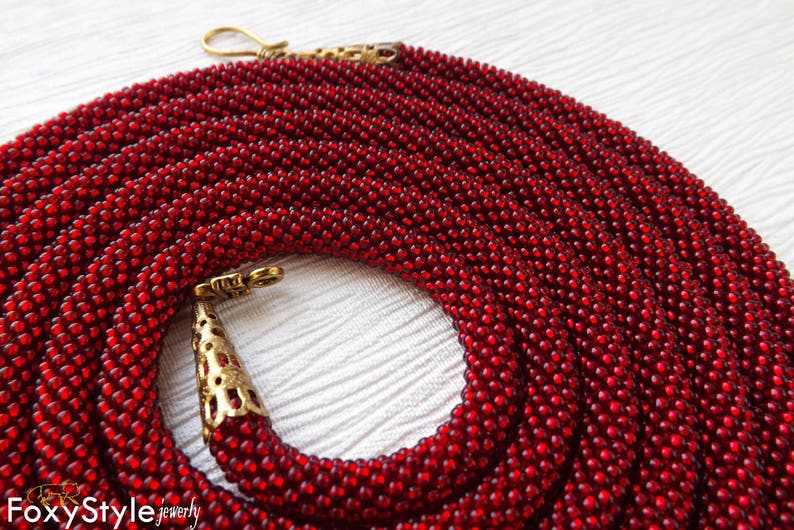 Statement Red Necklace Long Red Bead Necklace Crochet Red Jewelry Rope Necklace Red Gift for women elegant red jewelry beadwork gift for mom image 2