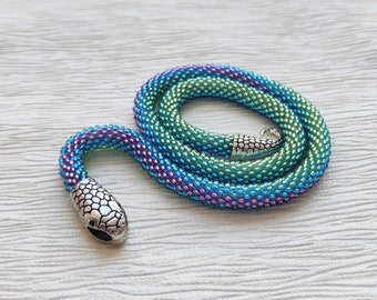 Beaded snake necklace, Snake choker, Turquoise necklace, Snake jewelry for women, Snake bead choker, Bead crochet ouroboros necklace