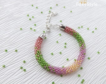 Rainbow Seed Bead Bracelet, Adjustable Bracelet Women, Bead Crochet Bracelet, Friendship Bracelet, Boho Spring Bracelet