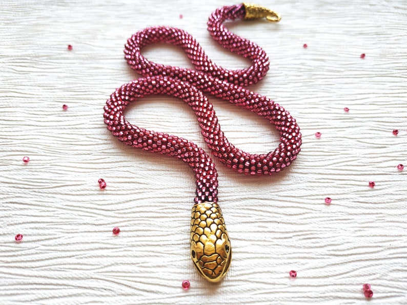 Snake choker, Snake necklace, Pink statement necklace, Statement choker, Snake collar necklace, Snake beaded necklace, Ouroboros necklace image 1