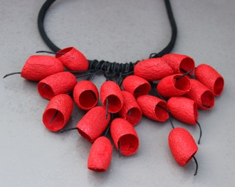 Big red statement necklace and earrings, Christmas chunky red statement set of jewelry, silk cocoon jewelry, eco friendly jewelry