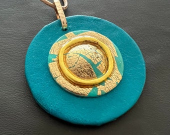 Turquoise gold leather jewelry, long pendant, Turquoise pendant, Statement Turquoise jewelry