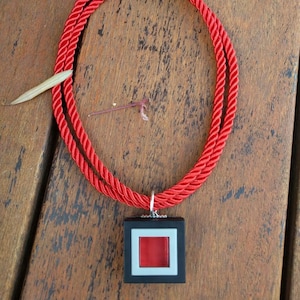 Modern red glass pendant necklace ,Square red pendant, Red and black Statement necklace,Geometric red pendant image 2