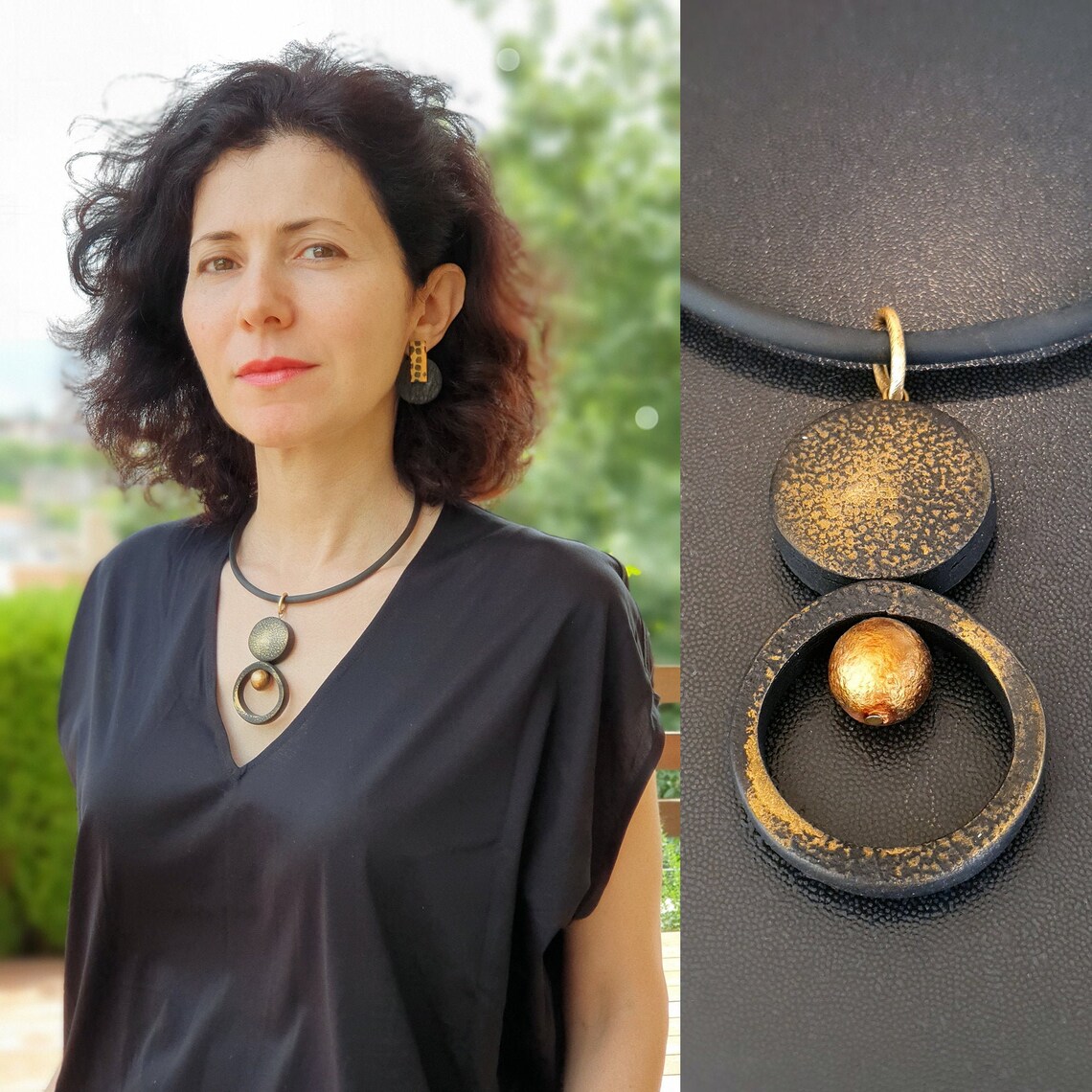 Black Gold Statement Necklace Modern Black Pendant Art Etsy