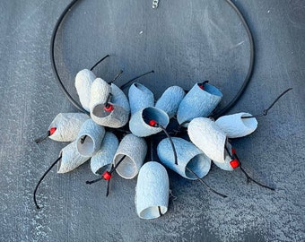 Statement grey necklace and earrings , Big Grey Beaded necklace,Chunky necklace ,Silk cocoons jewelry,  Bald set of jewelry, Eco friendly