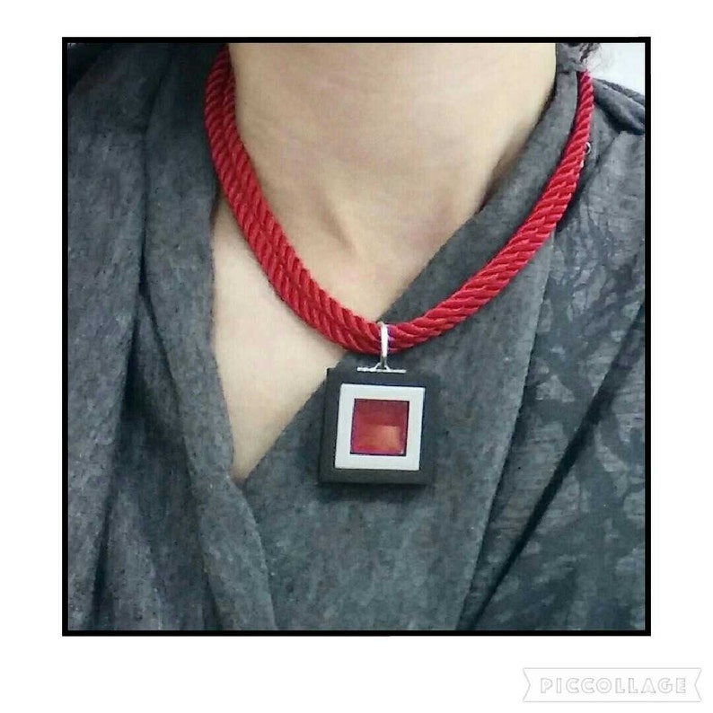 Modern red glass pendant necklace ,Square red pendant, Red and black Statement necklace,Geometric red pendant image 4