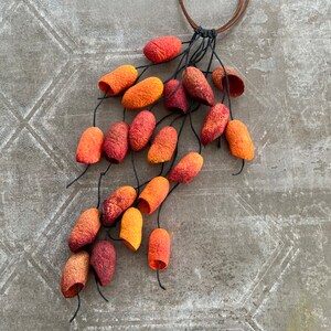 May include: A long necklace with a brown leather cord and a cluster of orange and red seed pods hanging from it.