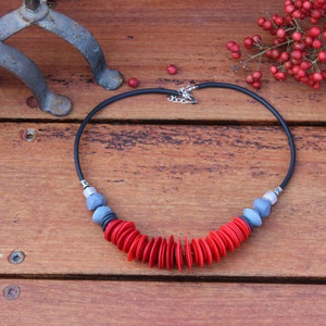 Statement red necklace and earrings, Big Red Beaded necklace,Chunky red necklace statement, Clay necklace, Contemporary red set of jewelry image 3