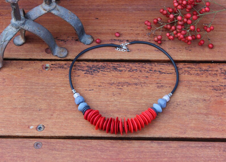 Statement red necklace and earrings, Big Red Beaded necklace,Chunky red necklace statement, Clay necklace, Contemporary red set of jewelry image 3