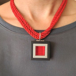 Modern red glass pendant necklace ,Square red pendant, Red and black Statement necklace,Geometric red pendant image 1