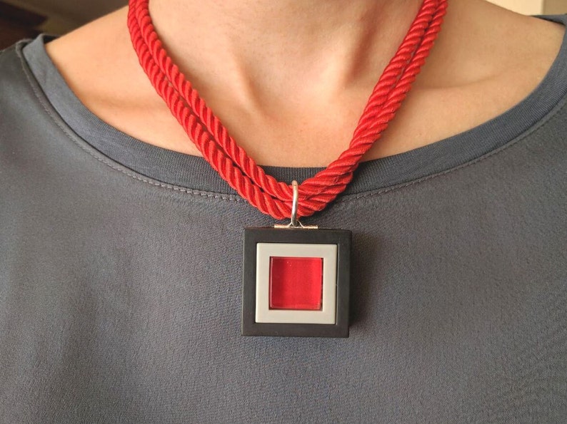 Modern red glass pendant necklace ,Square red pendant, Red and black Statement necklace,Geometric red pendant image 1