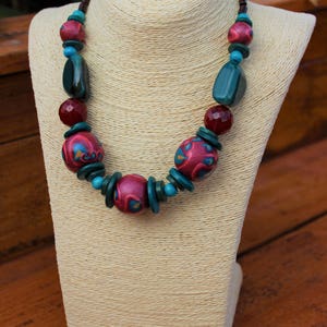 Statement Turquoise Pink necklace, Big Beaded necklace,Chunky necklace statement, Polymer necklace, Contemporary beaded necklace