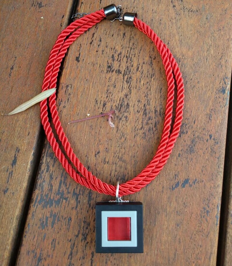 Modern red glass pendant necklace ,Square red pendant, Red and black Statement necklace,Geometric red pendant image 2