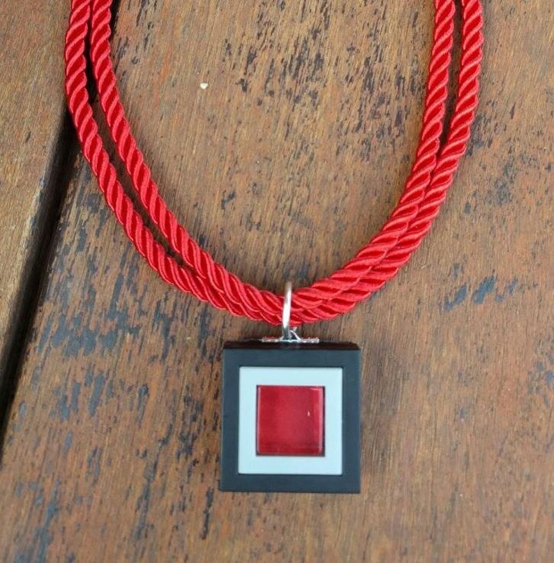 Modern red glass pendant necklace ,Square red pendant, Red and black Statement necklace,Geometric red pendant image 3