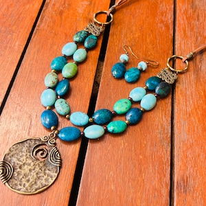 Statement turquoise necklace and earrings, Turquoise boho jewelry set,Turquoise long necklace,Turquoise gemstone necklace,Bohemian necklace
