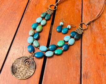 Statement turquoise necklace and earrings, Turquoise boho jewelry set,Turquoise long necklace,Turquoise gemstone necklace,Bohemian necklace