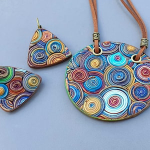 Handmade colorful pendant necklace and earrings, Statement set of jewelry, Polymer clay jewelry, Artisan necklace