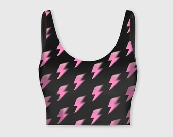 Pink Lightning Bolt All-Over Print Sports Bra / Festival Crop Top