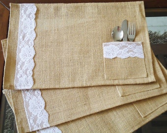 Jute Tablemats with pockets,Burlap Placemats with Lace and Pockets,Housewarming Present, Gift for her, Table Decoration, Country Living