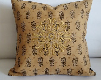 Beige Block Print Cushion ,Throw Pillow cover,Embroidered Pillow, Pillow cover,12" x 12" Pillow, Gift for her, Housewarming present