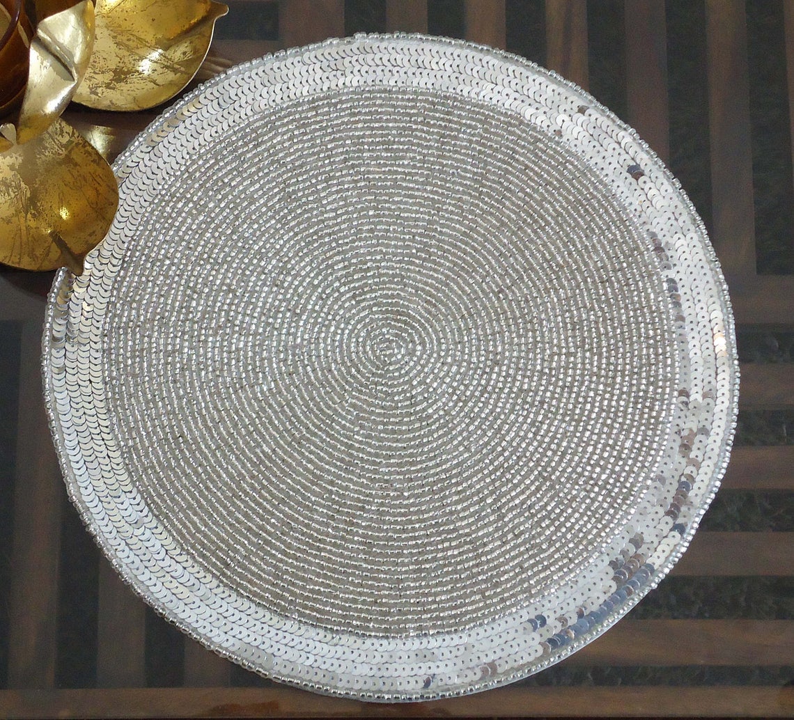 Round silver handmade beaded placemat 10 inch Centre piece Etsy
