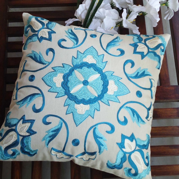 Blue Embroidered Pillow,Suzani Pattern,Decorative Pillow,Pillow Cover,Throw pillow cover,Cushion cover,Standard Size 16" x 16"