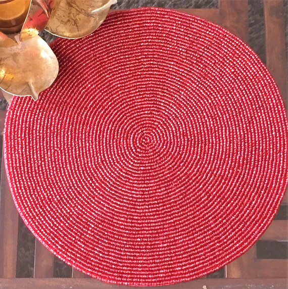 Red beaded placemat 10 inch round handmade placemat Center Etsy