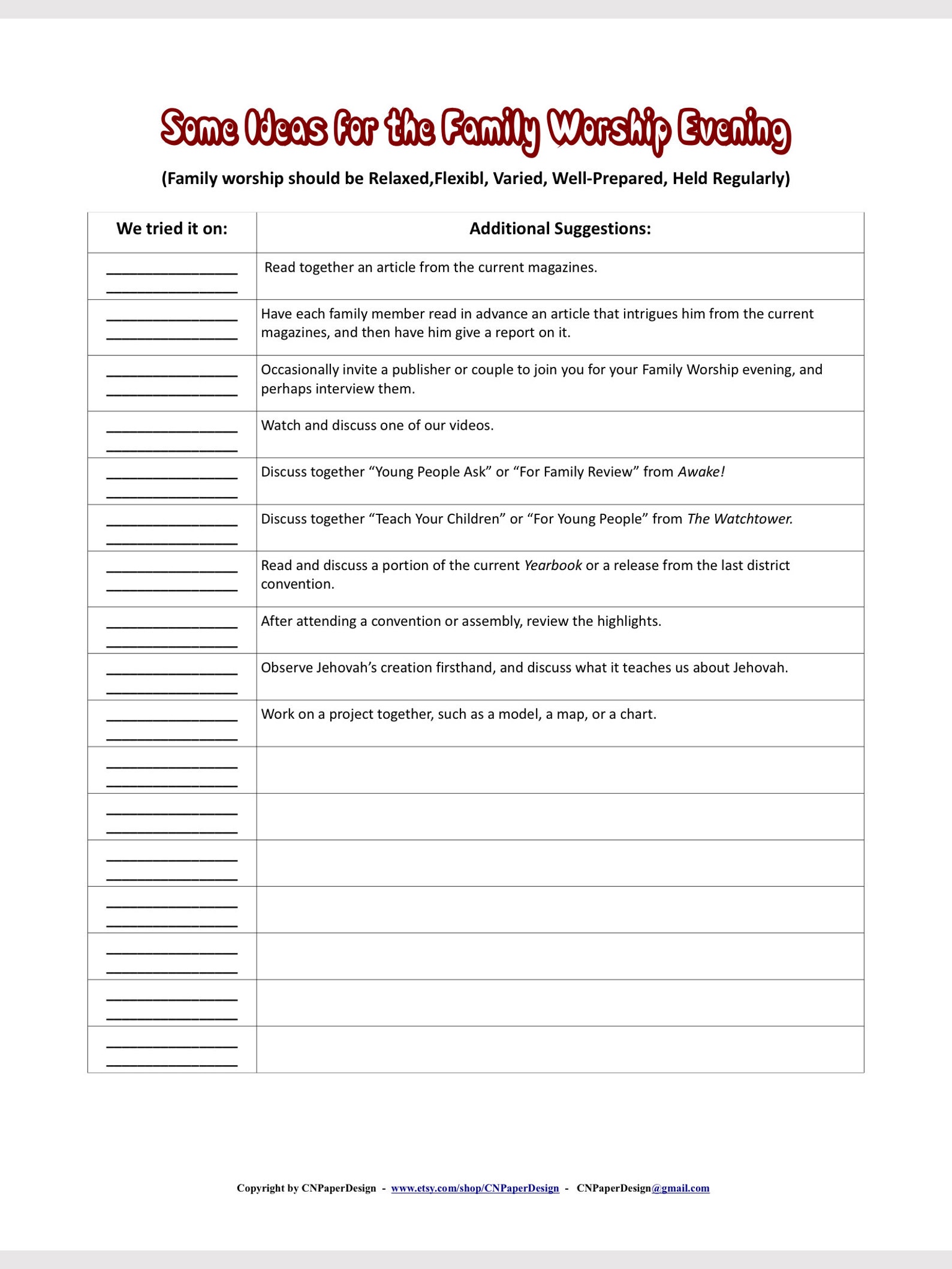 JW Printable Family Worship Monthly Schedule With Ideas for - Etsy