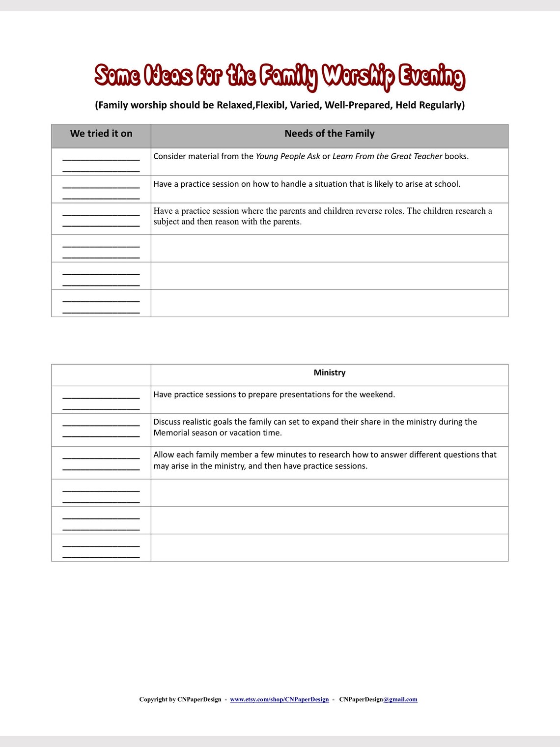 JW Printable Family Worship Monthly Schedule With Ideas for - Etsy