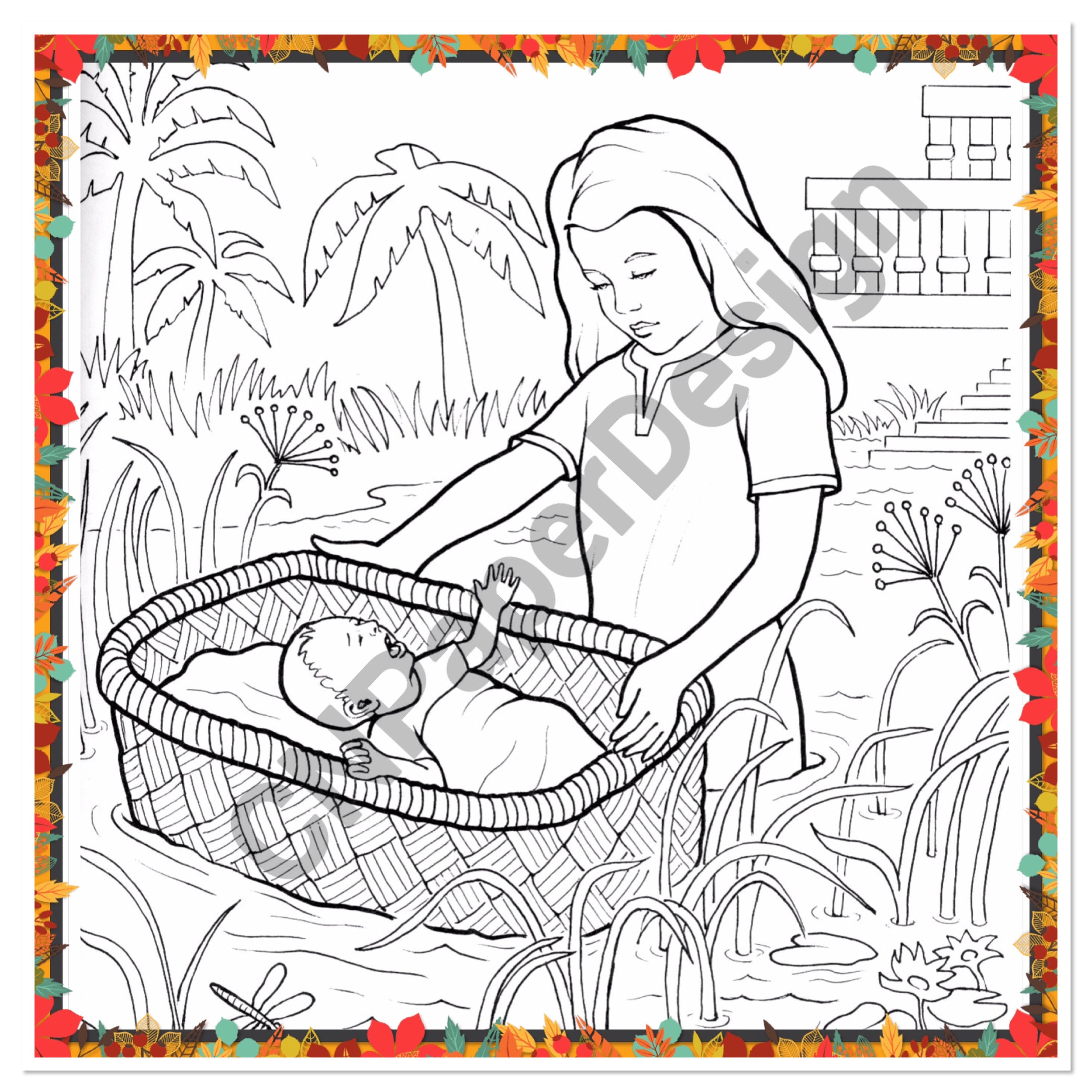 Printable Coloring Page For Kids And Adults Bible Character Miriam And Baby Moses Instant Download