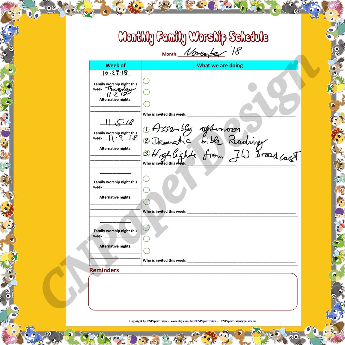 JW Printable Family Worship Monthly Schedule With Ideas for - Etsy