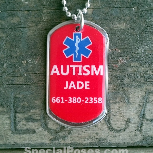Personalized Stainless Steel Autism Medical Alert I.D.  Tag Necklace or Zipper Pull SHIPS FREE
