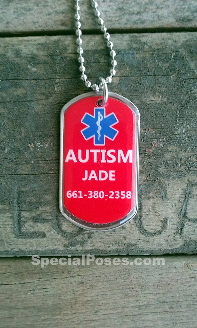 Personalized Stainless Steel Autism Medical Alert I.D. Tag Necklace or