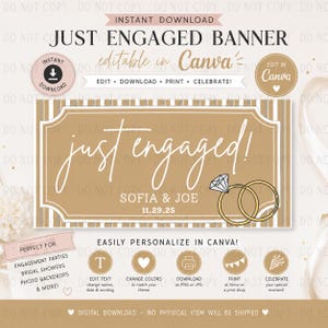 Könnte beinhalten: Eine digitale Bannervorlage mit dem Text JUST ENGAGED BANNER, bearbeitbar in Canva. Das Design umfasst einen beigefarbenen und weißen gestreiften Hintergrund, den Schriftzug just engaged!, zwei goldene Ringe und Platzhalter für Namen und Datum.