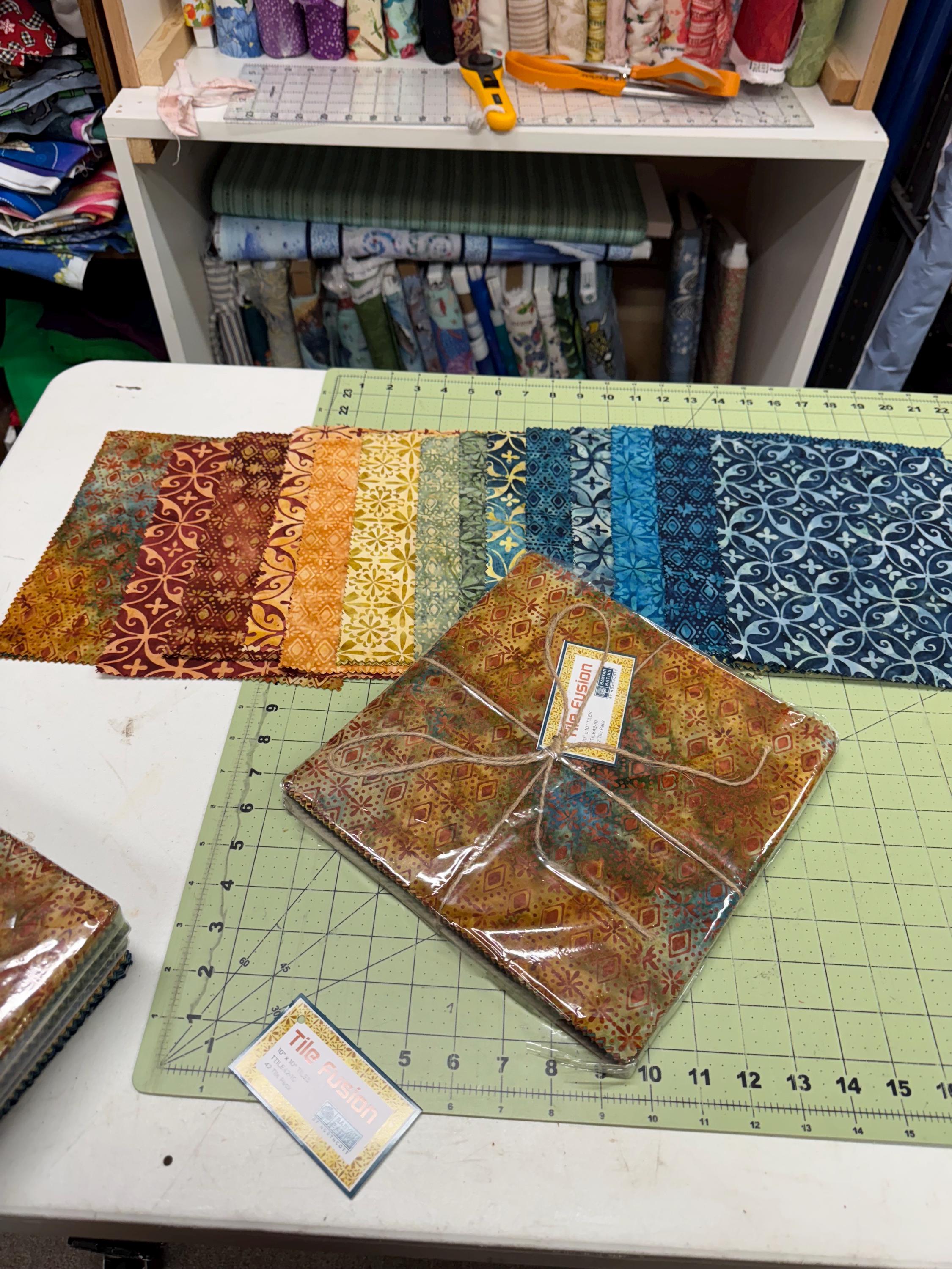 batik 10” pre-cuts collection called tile fusion. 42 cuts with jewel tone colors.