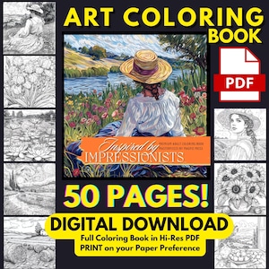 Impressionist Fine Art Coloring Pages | 50 Detailed Compositions Inspired by Monet Renoir & Van Gogh | Printable PDF Instant Download