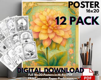 Art Nouveau Flower Adult Fine Art Coloring Book Poster Page Set: Botanical Collection Inspired by Mucha (Mega 12 Page Pack)