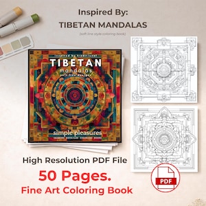May include: A digital coloring book titled Inspired By: TIBETAN MANDALAS featuring a colorful, intricate circular mandala cover design, two black and white line art mandala pages, and a red PDF icon, totaling 50 pages in a high resolution file.