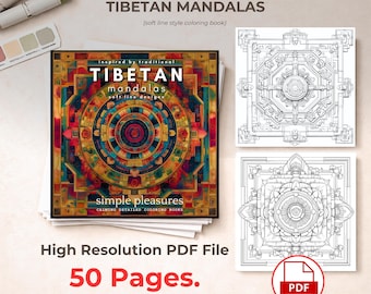 May include: A digital coloring book titled Inspired By: TIBETAN MANDALAS featuring a colorful, intricate circular mandala cover design, two black and white line art mandala pages, and a red PDF icon, totaling 50 pages in a high resolution file.