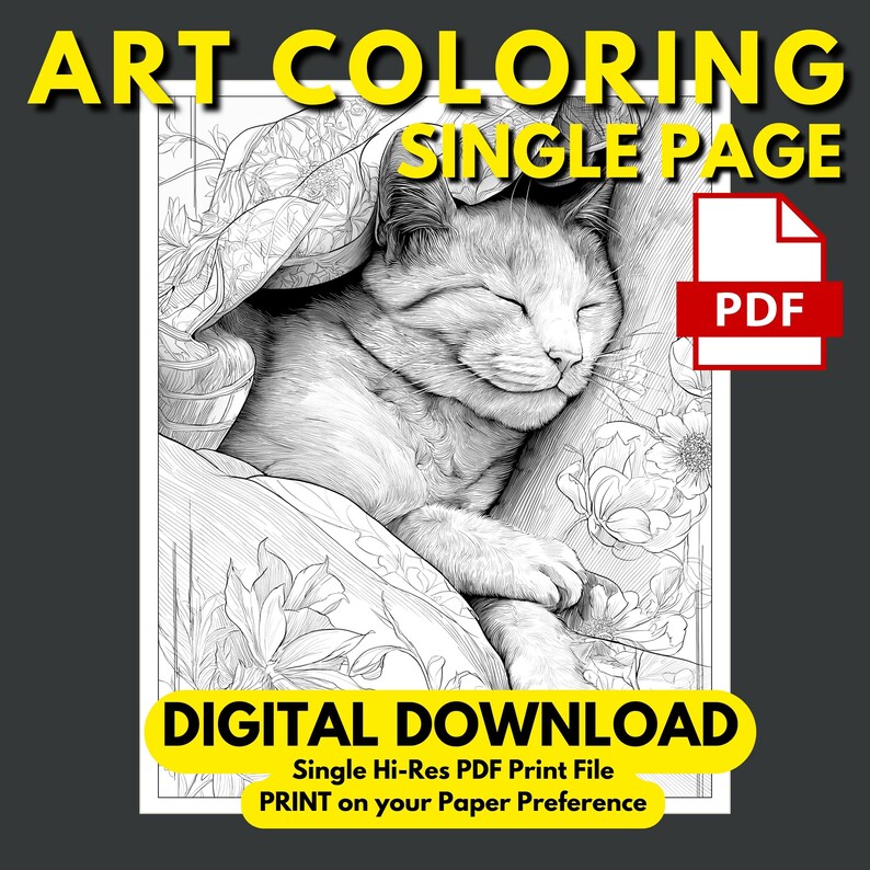 Japanese Cat Coloring Page: Elegant Japandi Fine Art (PDF File) - Etsy