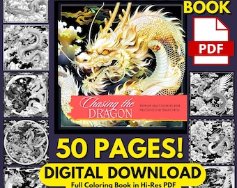 Asian Dragon Fine Art Coloring Pages | 50 Detailed Japanese & Chinese Mythological Dragon Compositions | Printable PDF