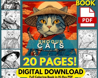 Japanese Cat Fine Art Coloring Pages | 20 Detailed Samurai & Kimono Feline Compositions | Printable PDF Instant Download
