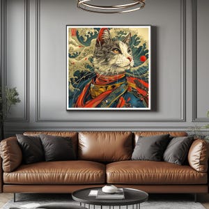 Impresión mural retro de gato militar en papel de acuarela: gatos con kimonos japoneses, bellas artes para el hogar y la oficina
