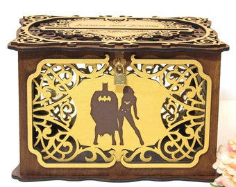Bat and Wonderwoman Wedding Card Box With Lock With Slot, Superhero Wedding Money Box, Wedding Card Holder Wedding Gift Keepsake Box