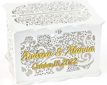Christmas Wedding Card Box With Lock, Personalized Snowflake Wedding Card Holder, Money Envelopes Box, Well Wishes, Wedding Post