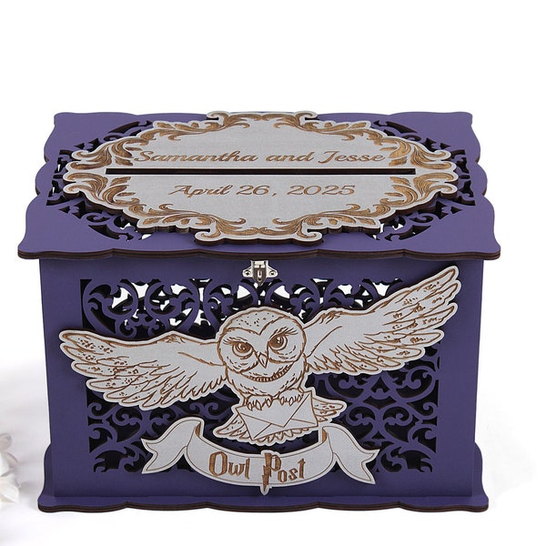 Owl Wedding Card Box with Slot, Fantasy Themed Wedding Post, 15-th Birthday Party Card Box, Quinceanera Money Box with Lock